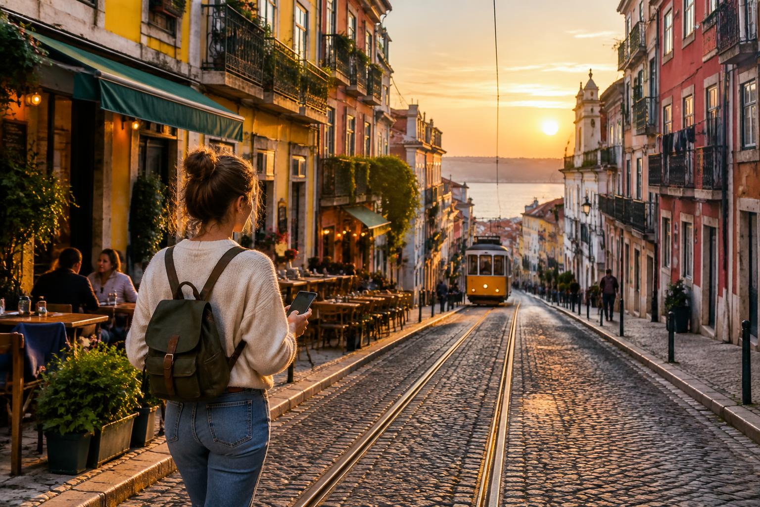 Traveler navigating a Lisbon street at sunset