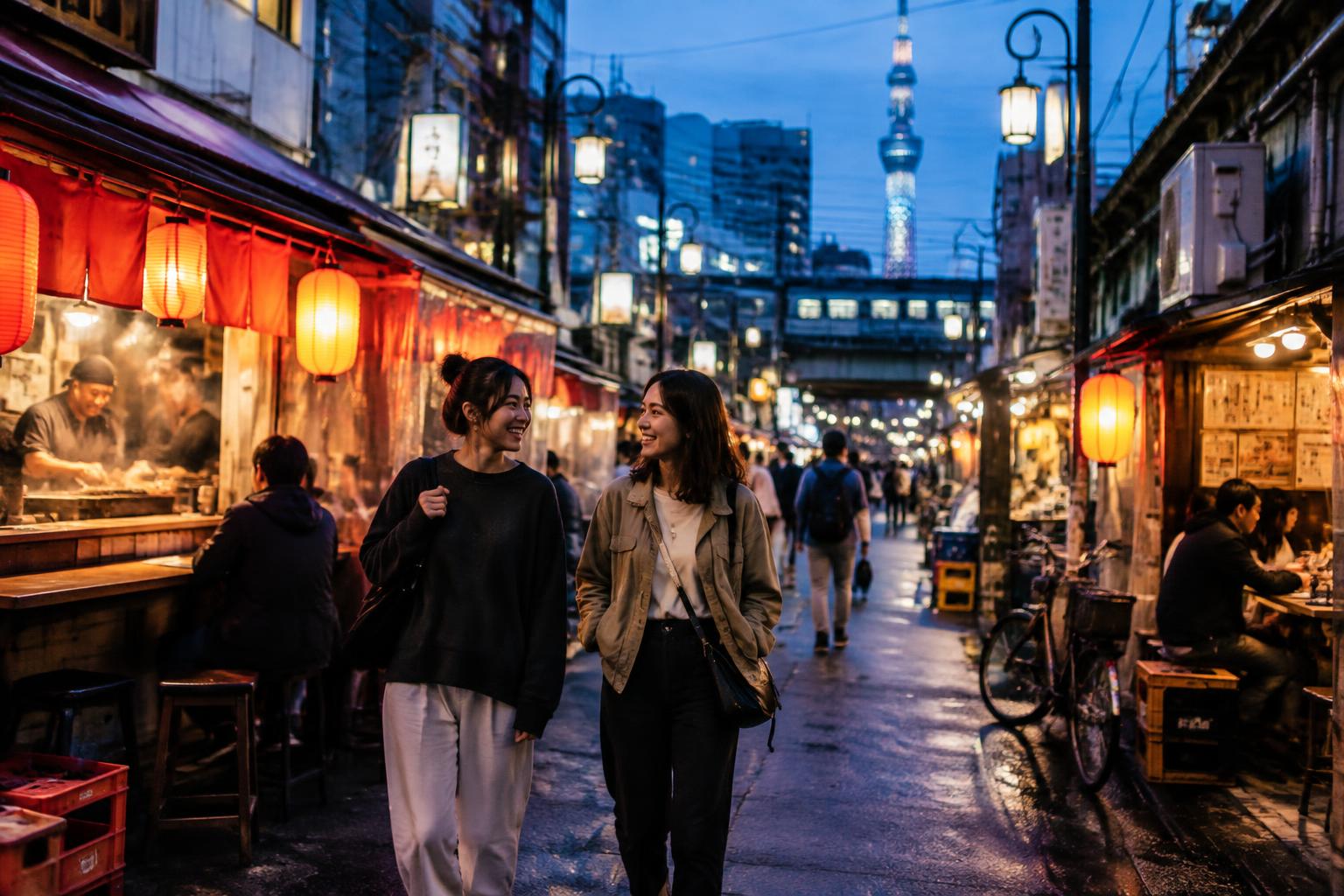Friends discovering a lively Tokyo food street